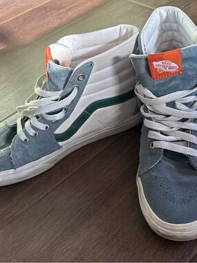 Vans High Top Sneakers in Blue, White & Green with Orange Tag